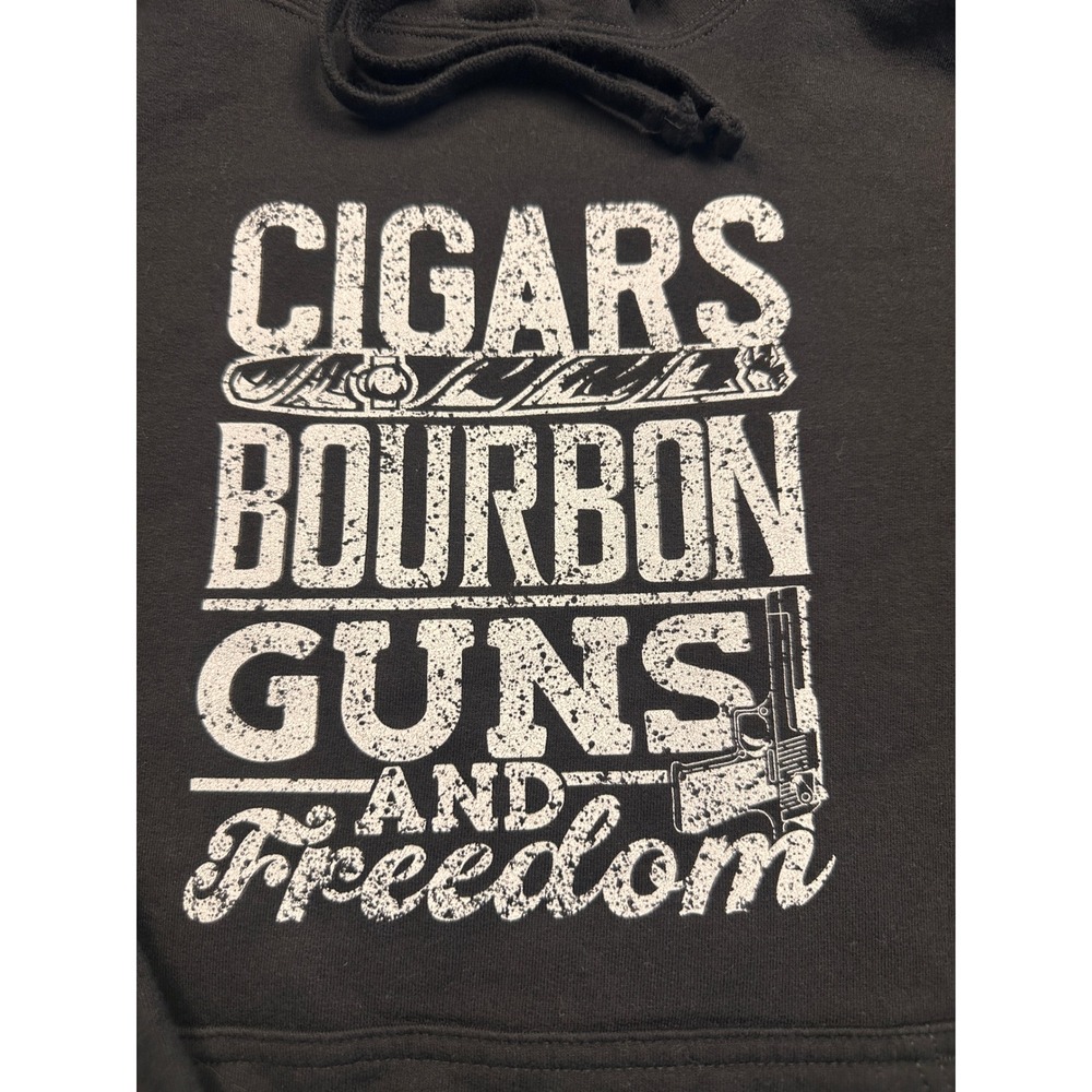 Port & Company Hoodie Mens M Black Cigars Bourbon Guns Freedom Graphic Pullover - Picture 2 of 5